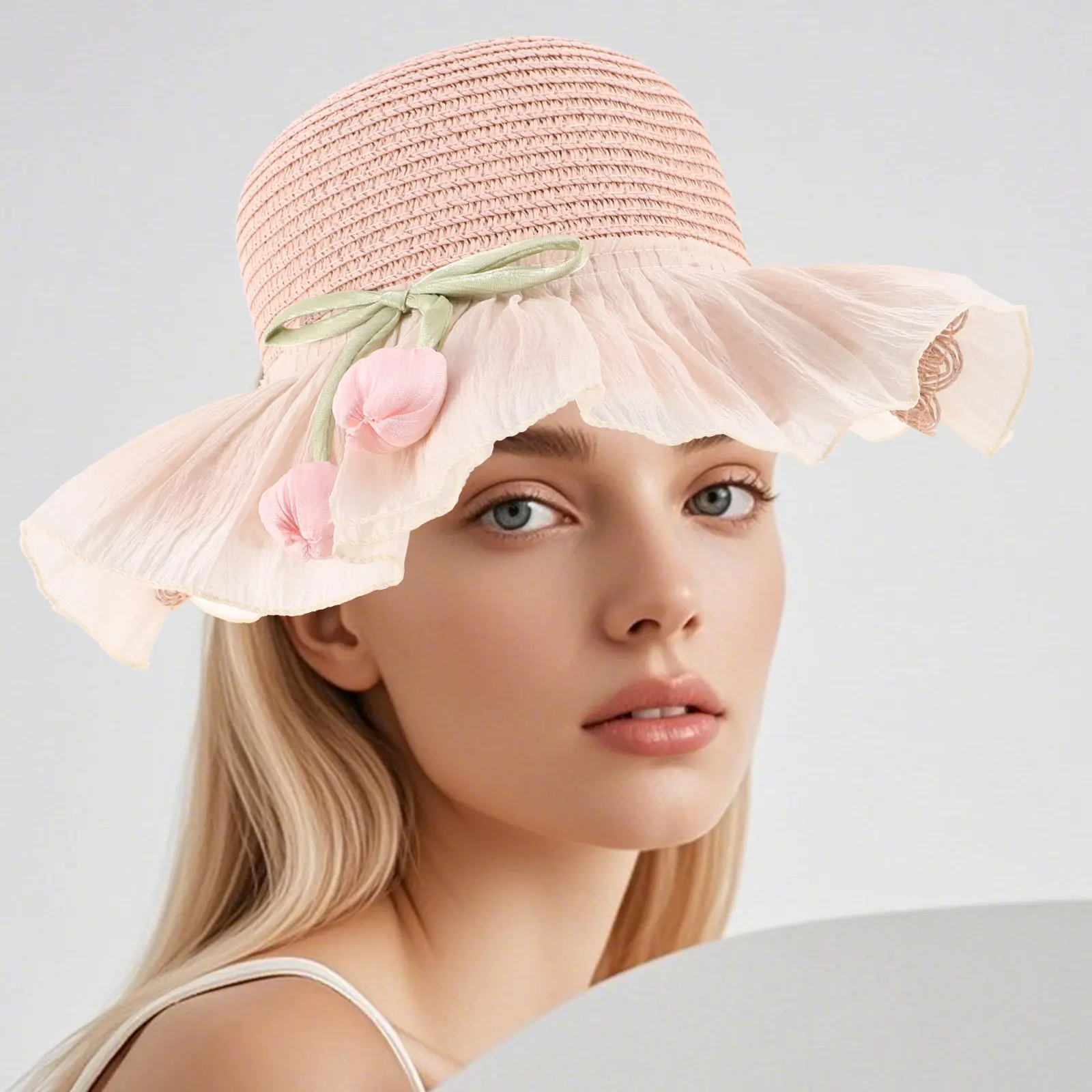 Sombrero de pescador de paja con protección solar y correa ajustable