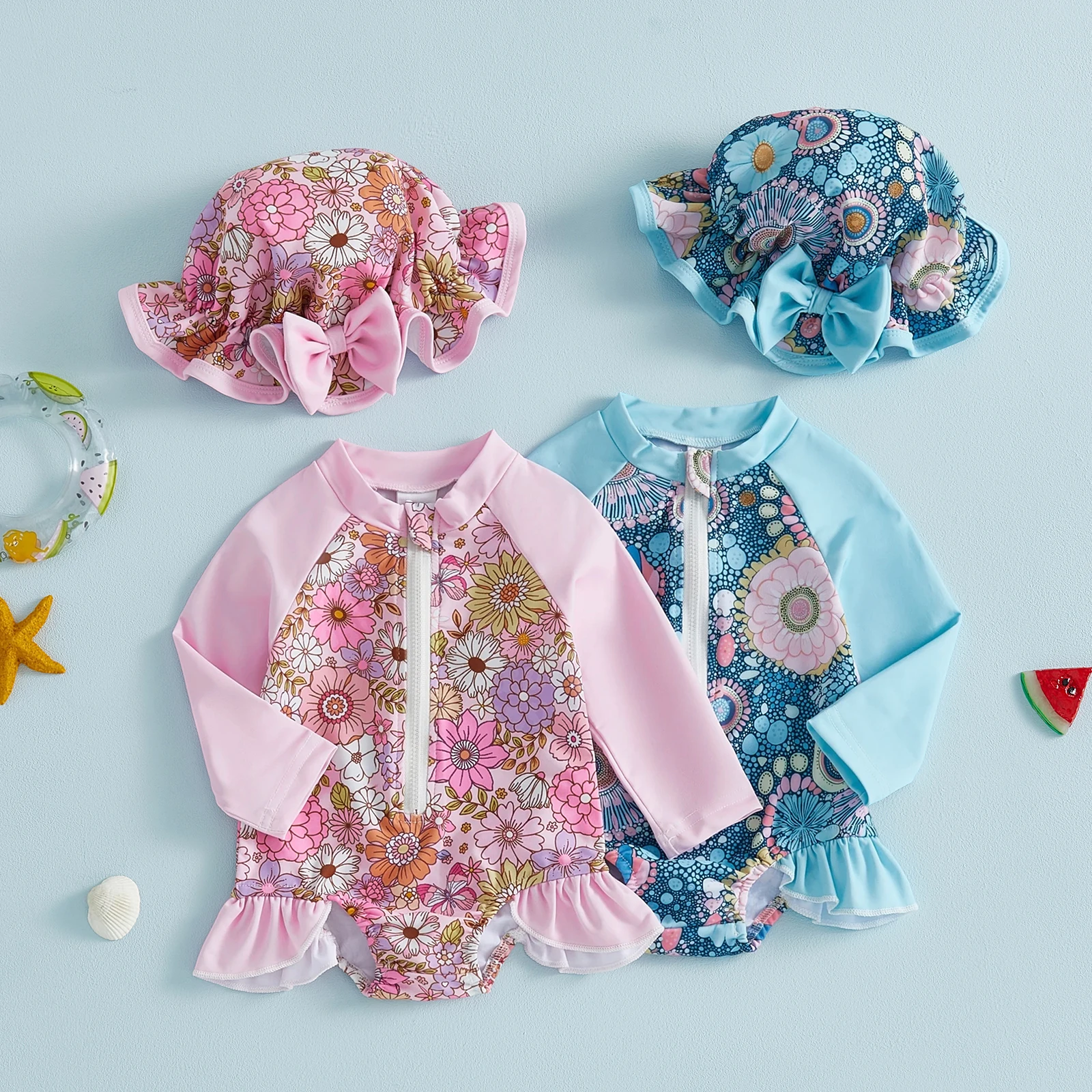 Traje de baño niña floral con gorro y cremallera, manga larga - imagen 4