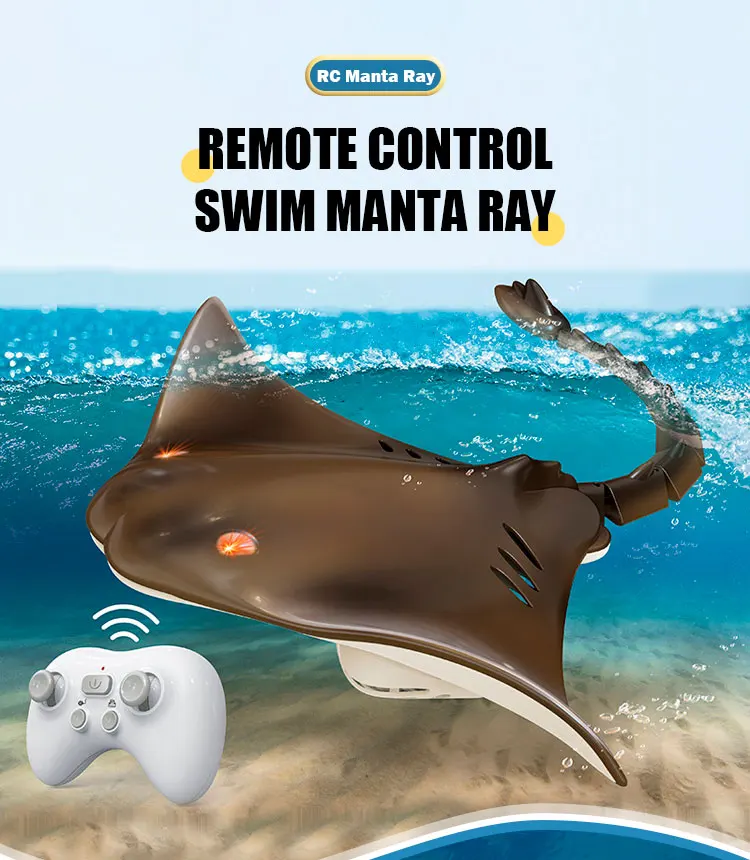 Juguete RC manta ray sumergido en agua cristalina
