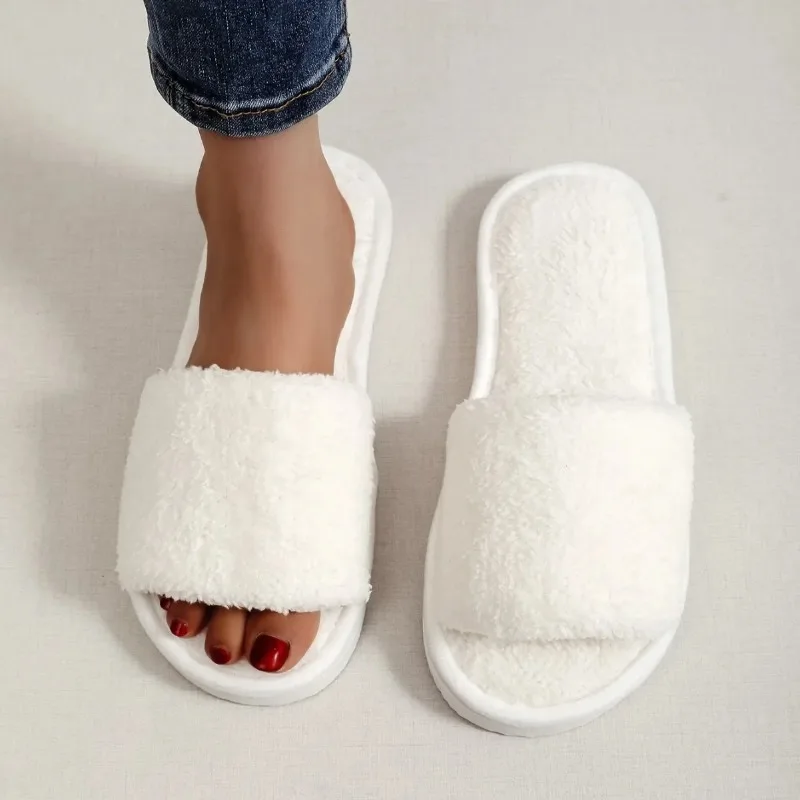 Zapatillas de casa de mujer de piel blanca con felpa cómodas - imagen 2