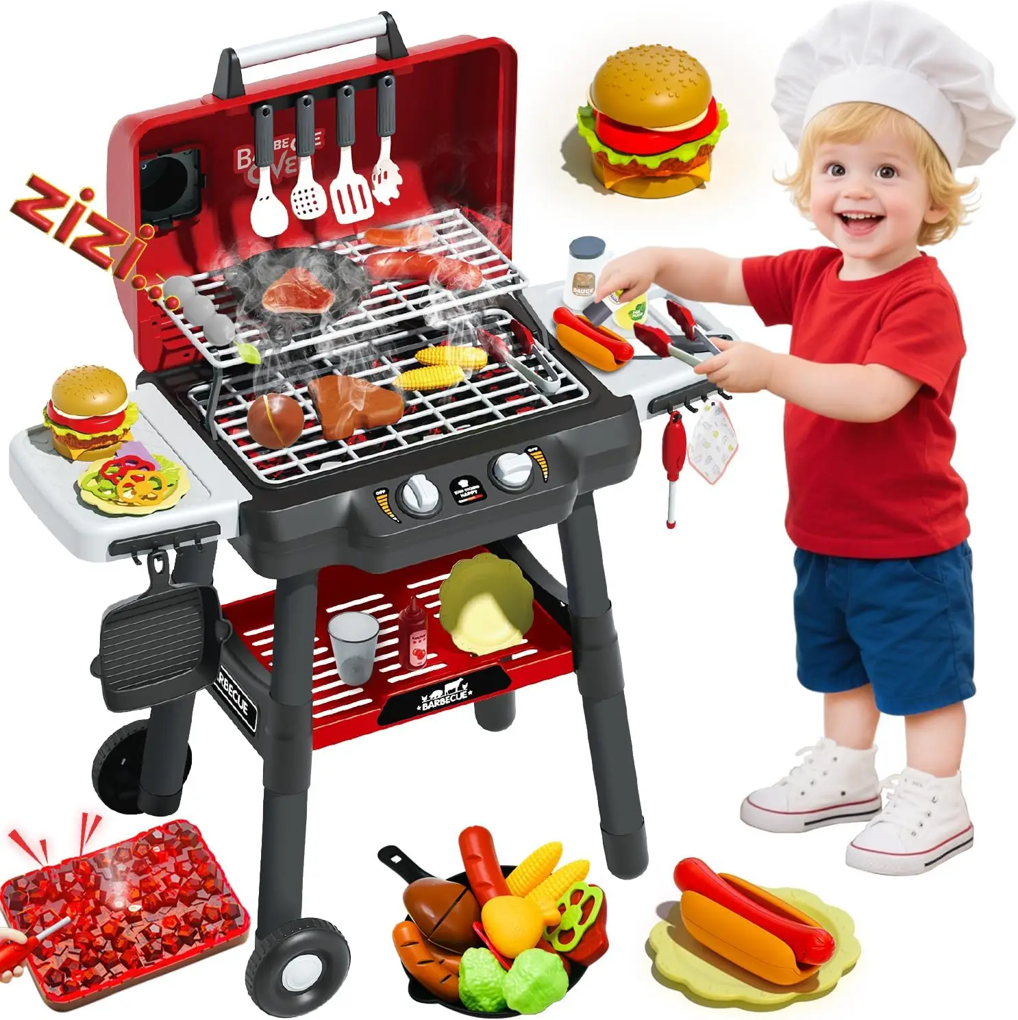 Juego de parrilla infantil con sonido, luz y ruedas para barbacoa - imagen 4