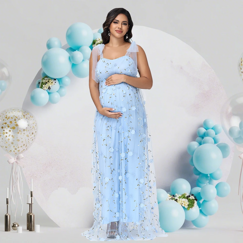 Vestido premamá largo de tul bordado floral con tirantes - imagen 5