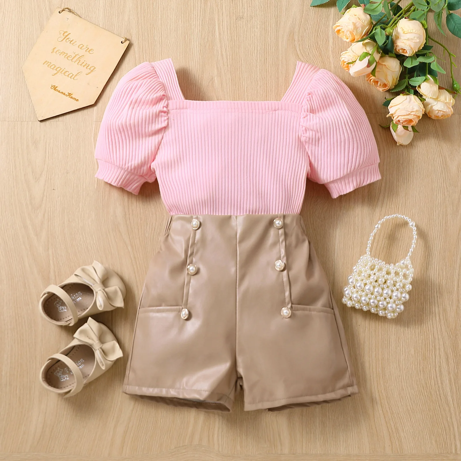 Conjunto niña de algodón rosa veraniego con blusa manga globo y short - imagen 3