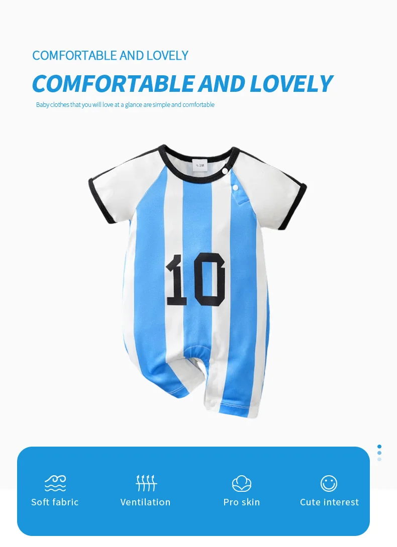 Body de fútbol para bebé con rayas azules y blancas y número 10
