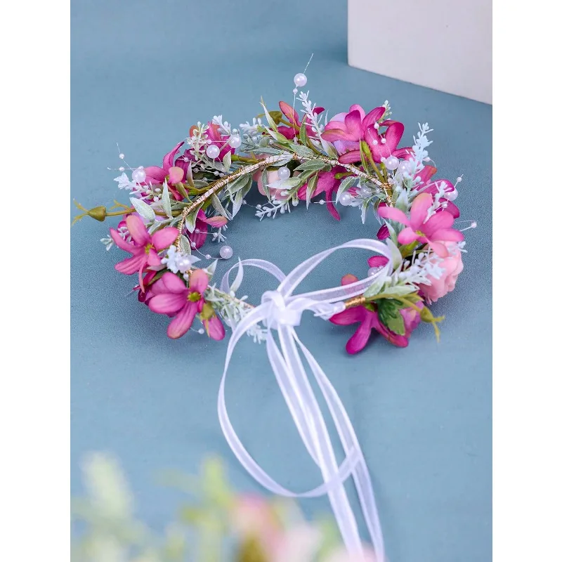 Diadema de flores para boda con corona hecha a mano y cuentas - imagen 3