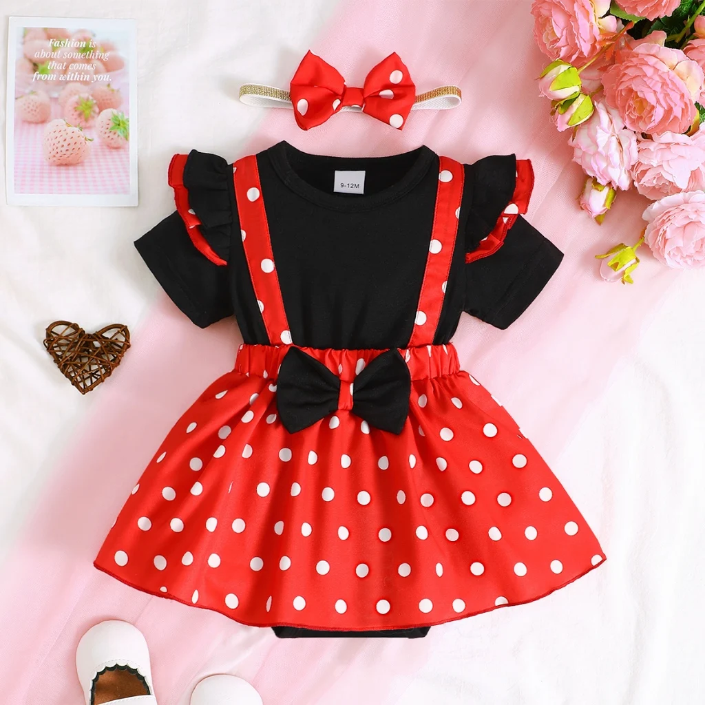 Vestido mameluco de lunares rojo y negro con mangas voladoras bebé