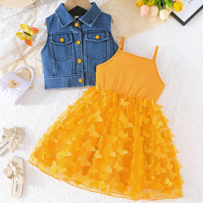 Conjunto verano niña chaqueta vaquero sin mangas vestido mariposa - imagen 2