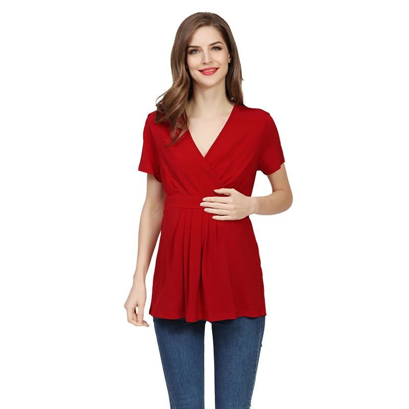 Camiseta de lactancia premamá de verano con cuello en V y elasticidad - imagen 3