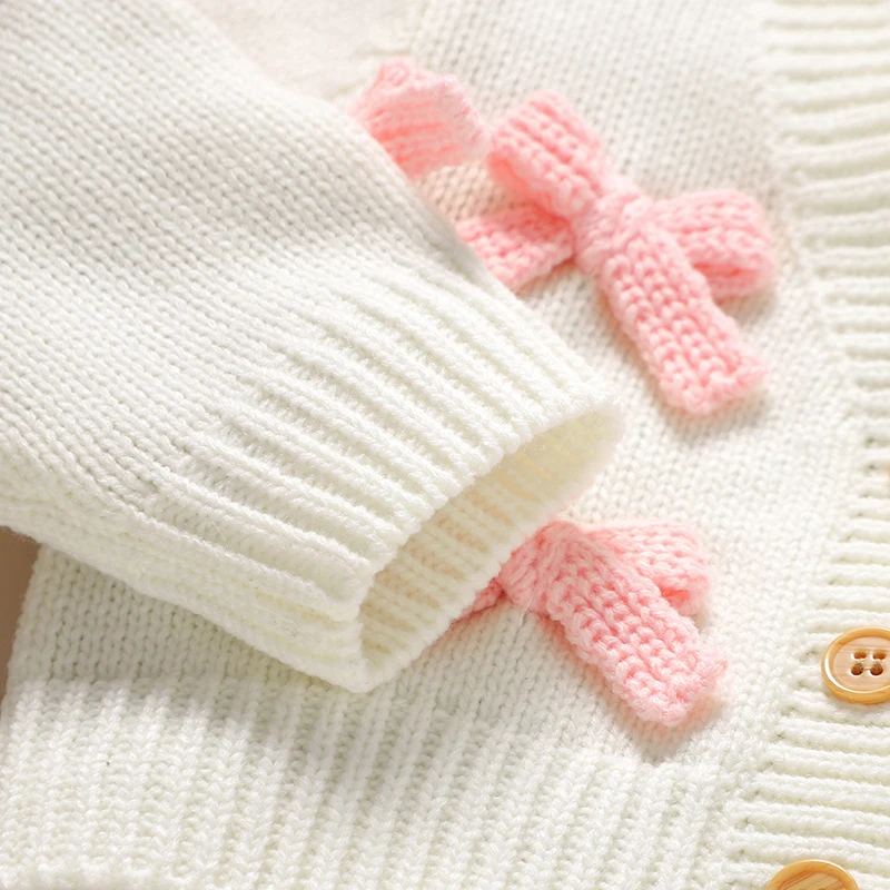 Suéteres de invierno para niñas en punto con lazo rosa y botones - imagen 5