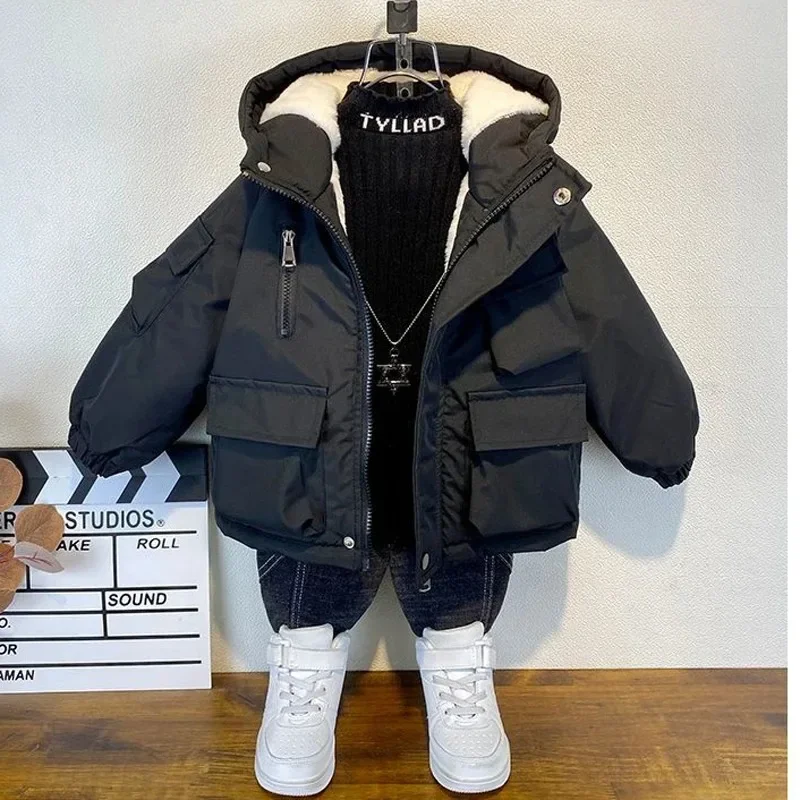 Parka infantil negra con capucha y algodón para niños - imagen 2