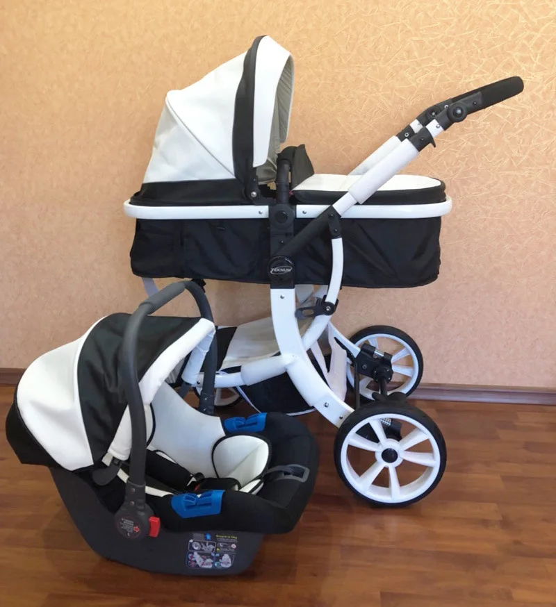 Cochecito de bebé 3 en 1 lujo cuero PU con asiento coche Blanco - imagen 4