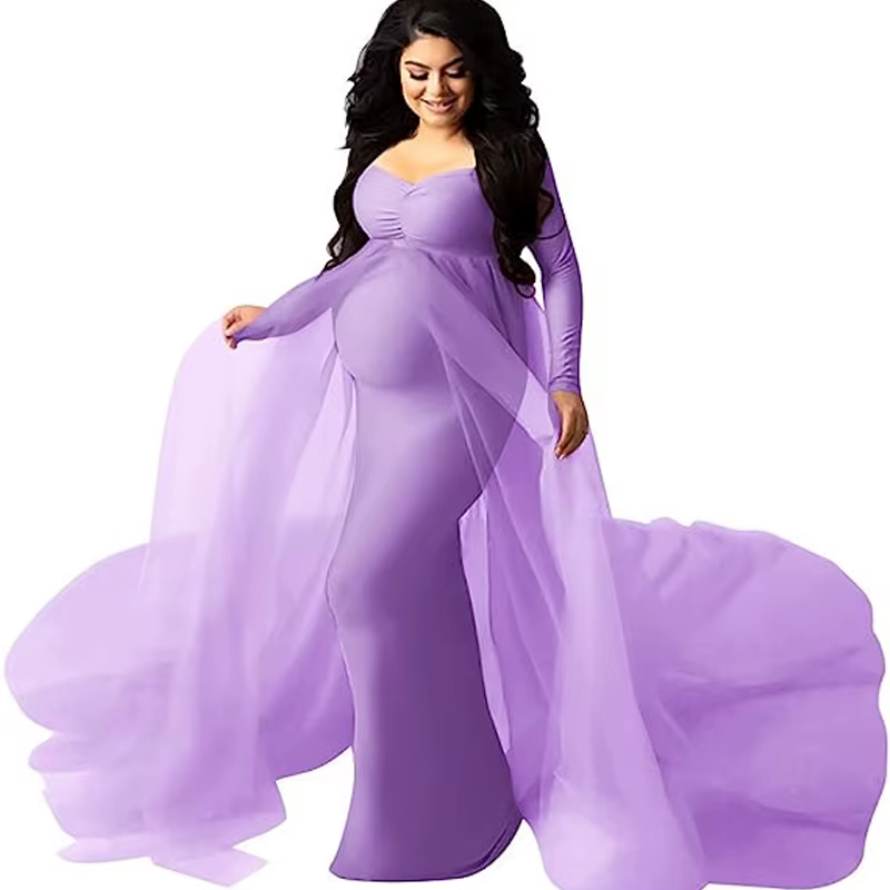 Vestido de maternidad en tul con encaje y escote V para fotos - imagen 5
