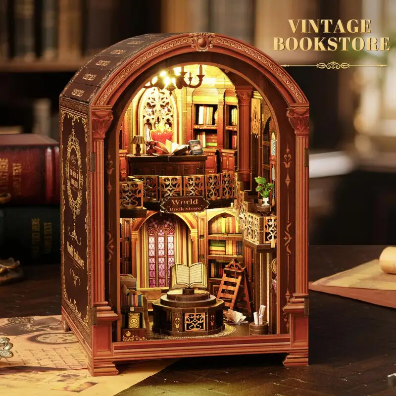 Soporte de libros artesanal con luz LED para maquetas de librería