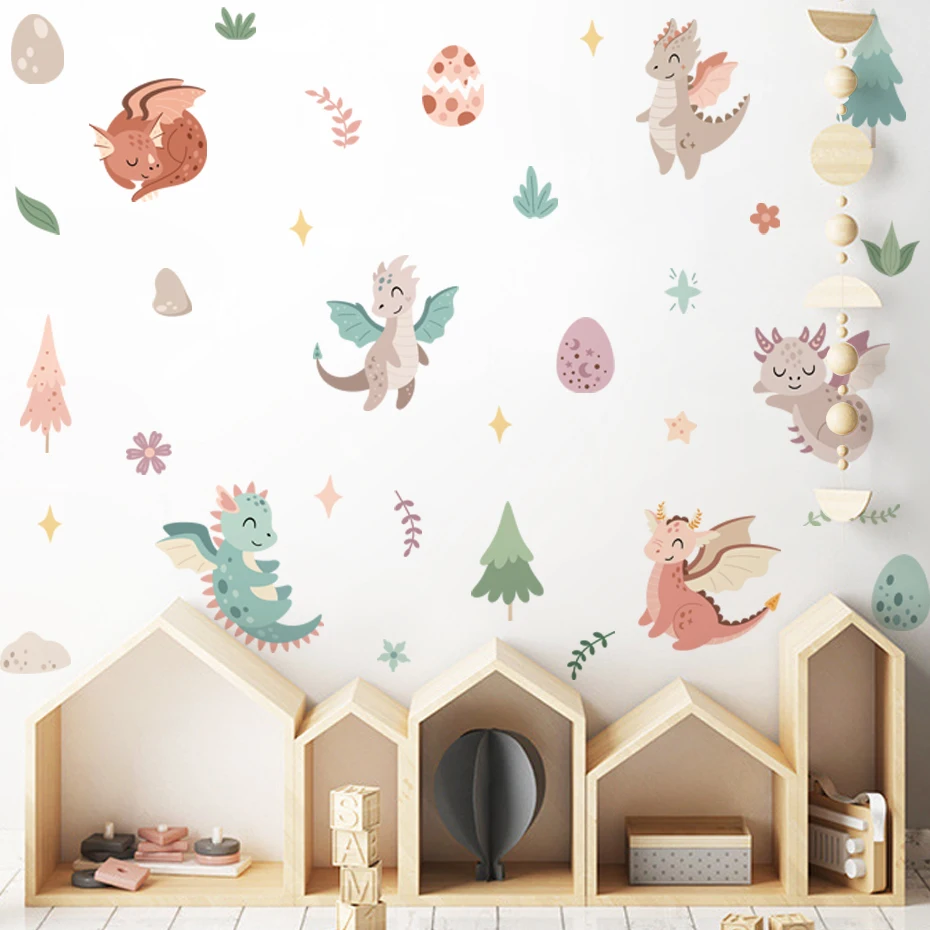 Pegatinas de pared infantiles de dinosaurios y dragones acuarela