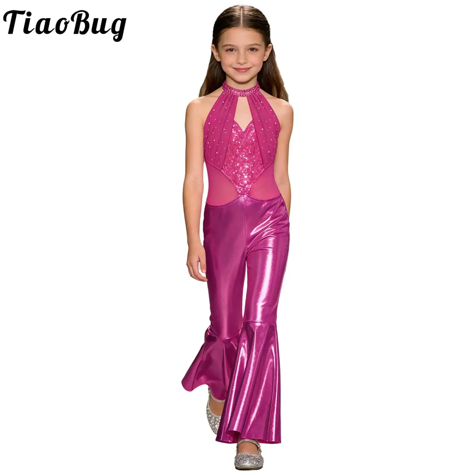 Mono de baile lentejuelas metálicas con cuello halter sin mangas - imagen 4