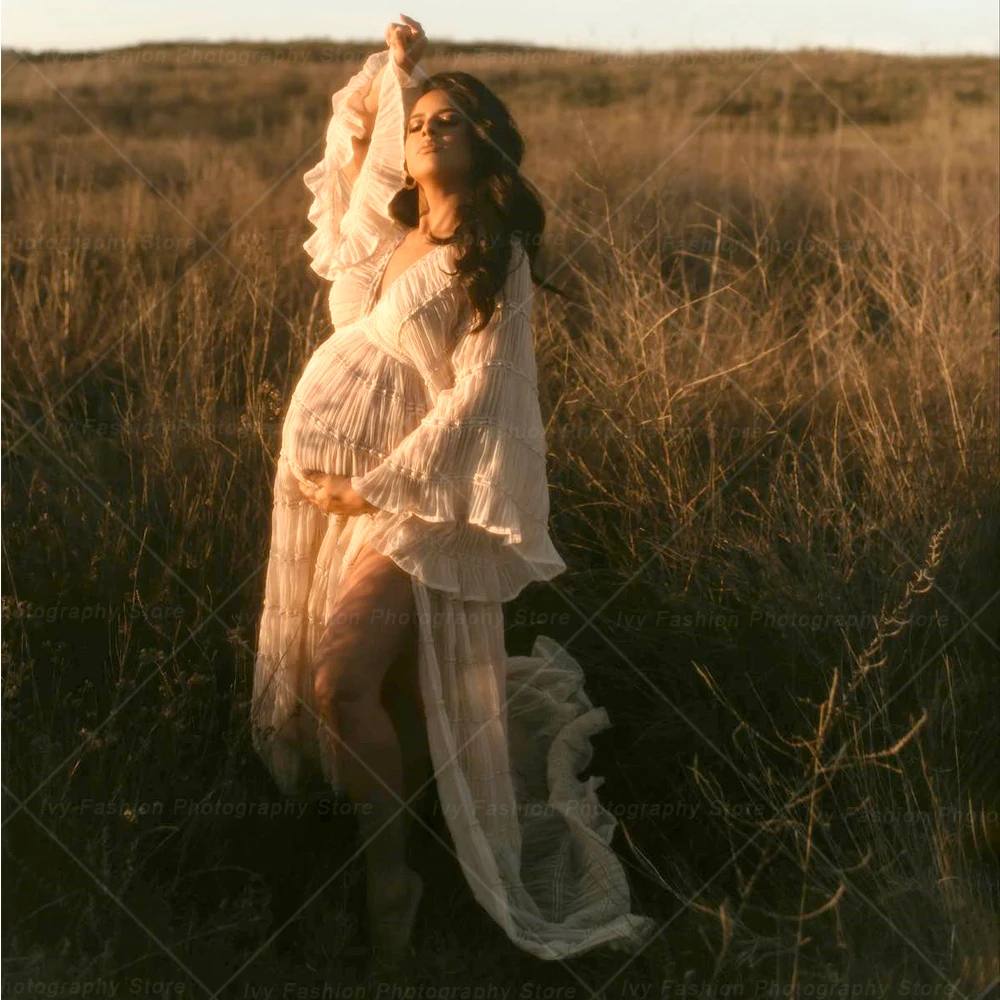 Vestido maternidad bohemio plisado de gasa y tul para sesión de fotos