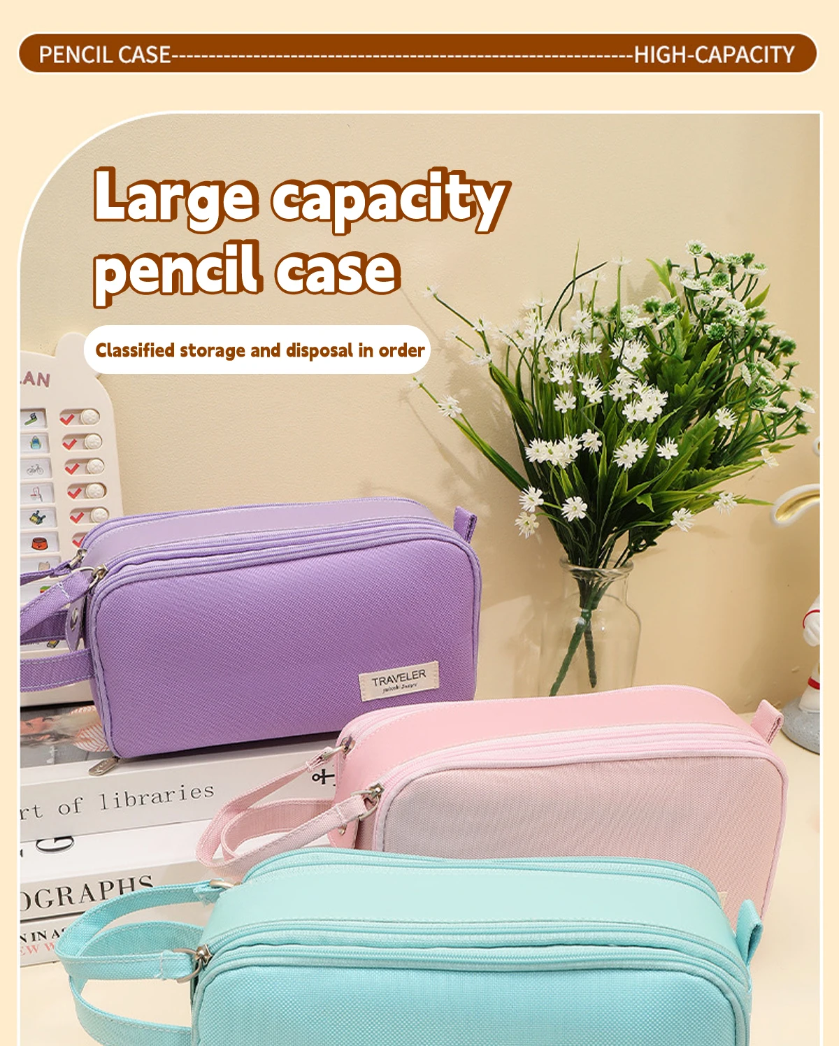 Estuche de lápices Kawaii abierto mostrando compartimentos