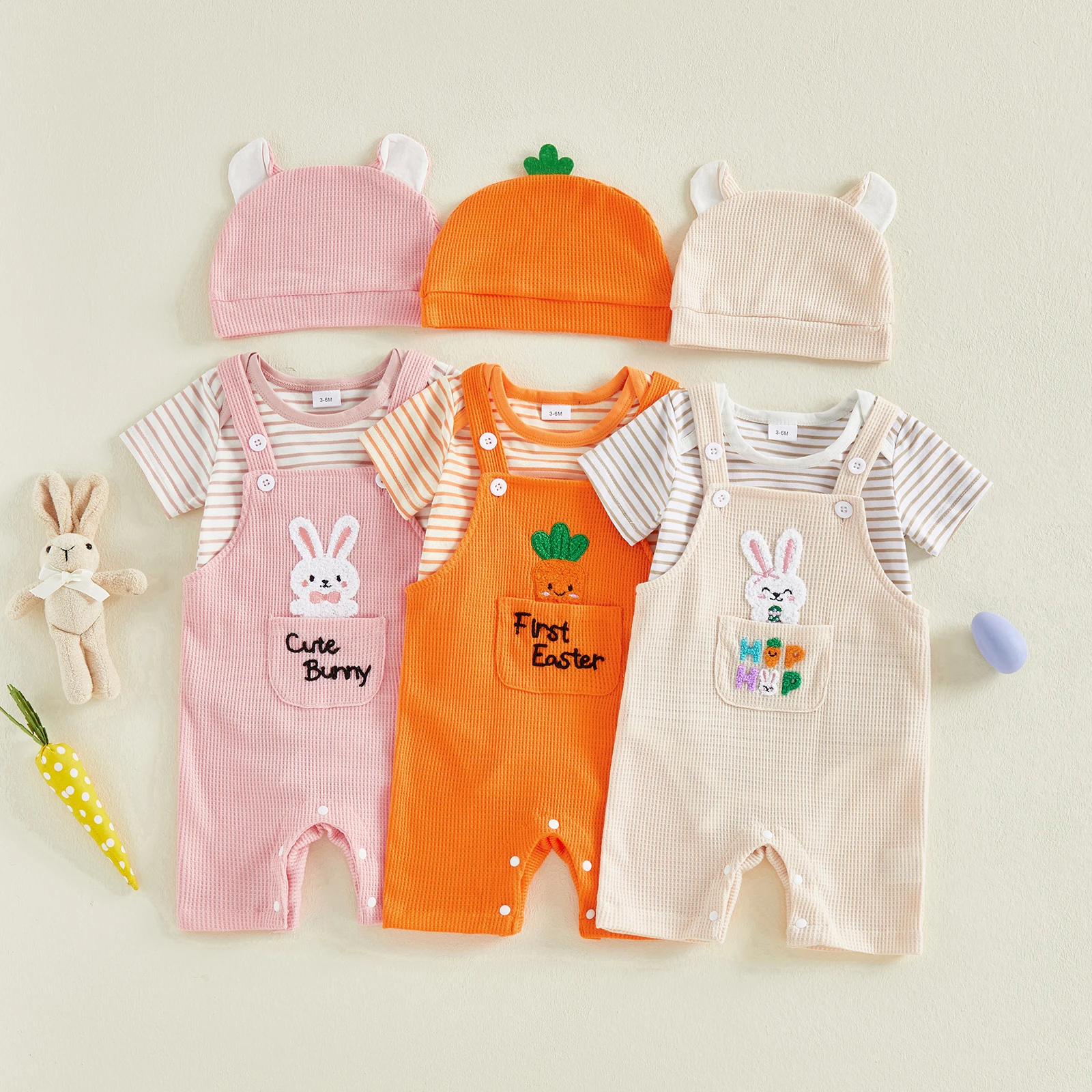 Conjunto de Pascua para bebé mono informal a rayas conejito y sombrero - imagen 3
