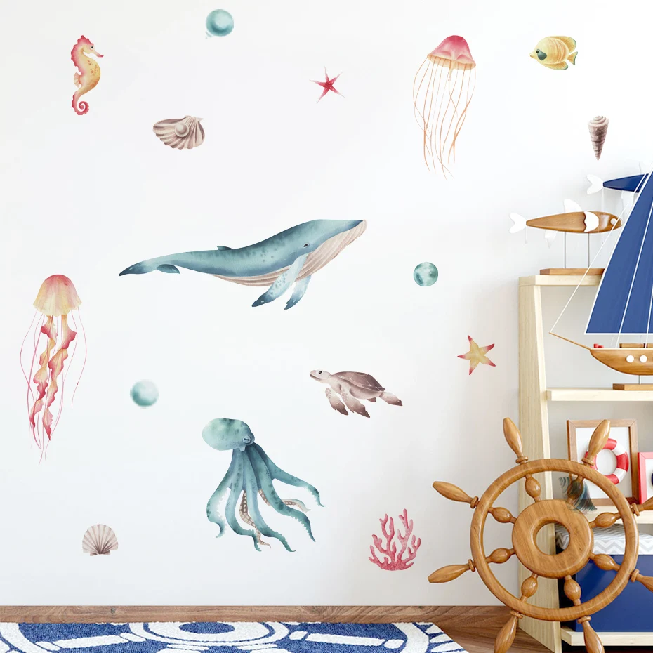 Pegatinas de pared infantiles marinas con ballena y pulpo