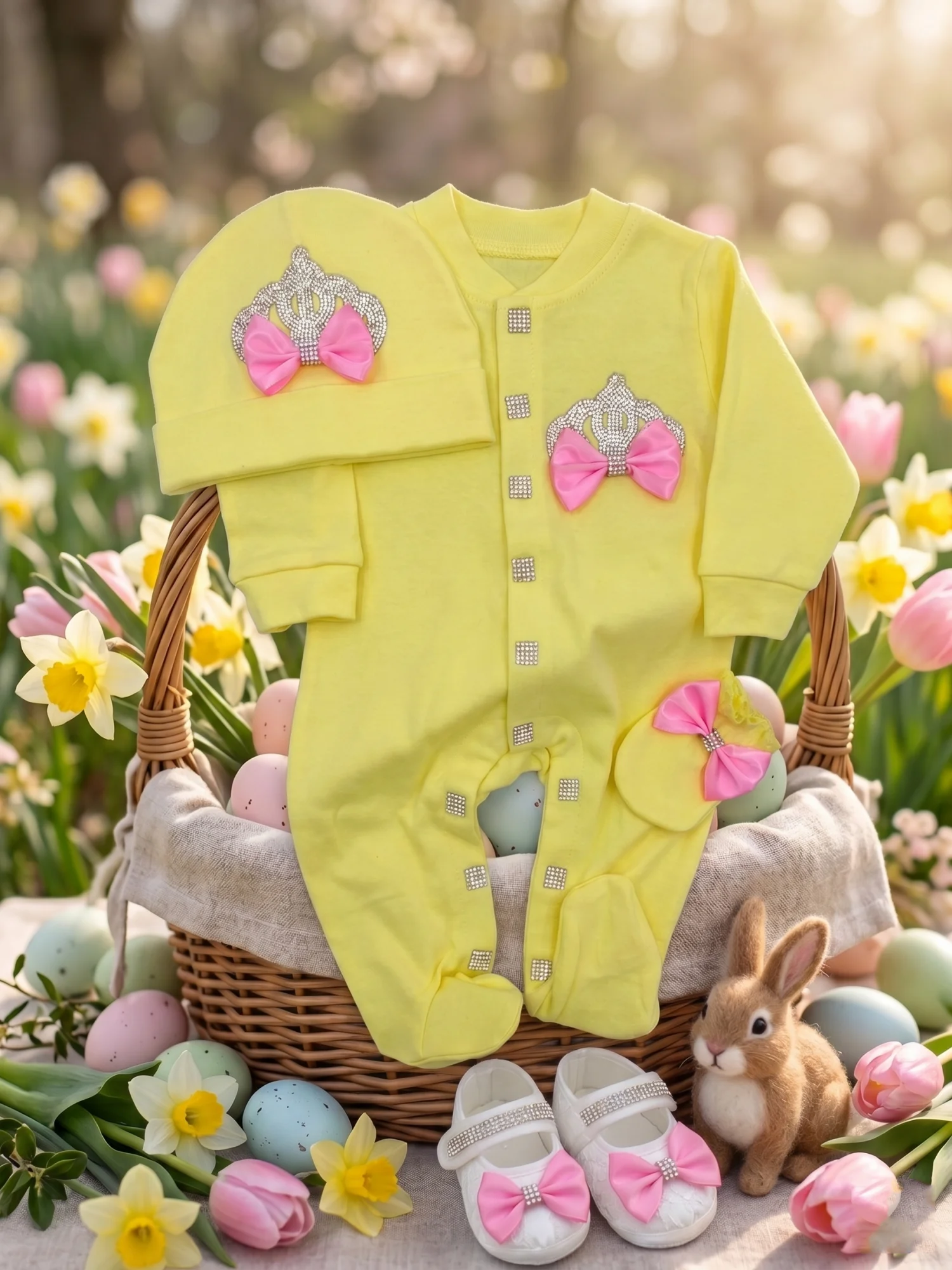 Conjunto pelele punto bebé amarillo limón de Pascua con corona - imagen 3