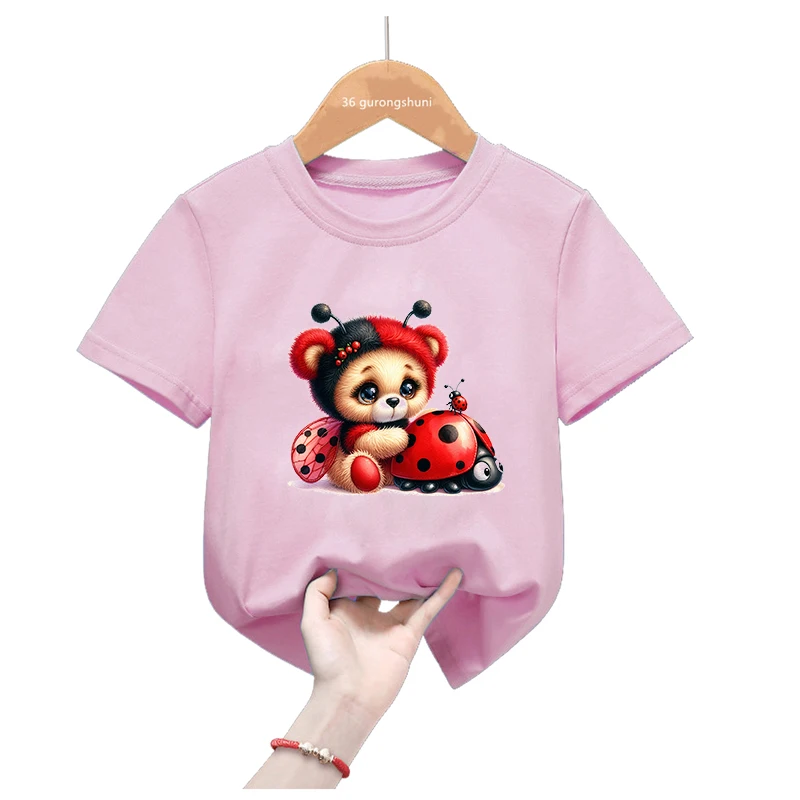 Camiseta rosa manga corta niña con mariquita y flores animales - imagen 5