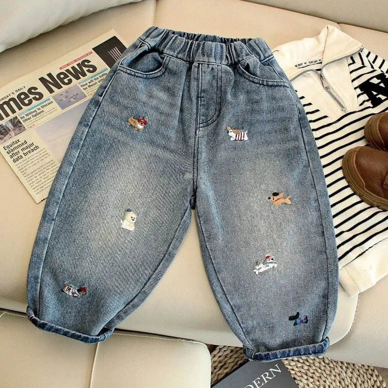 Pantalones vaqueros para niños – Bordado de perrito estilo coreano - imagen 5