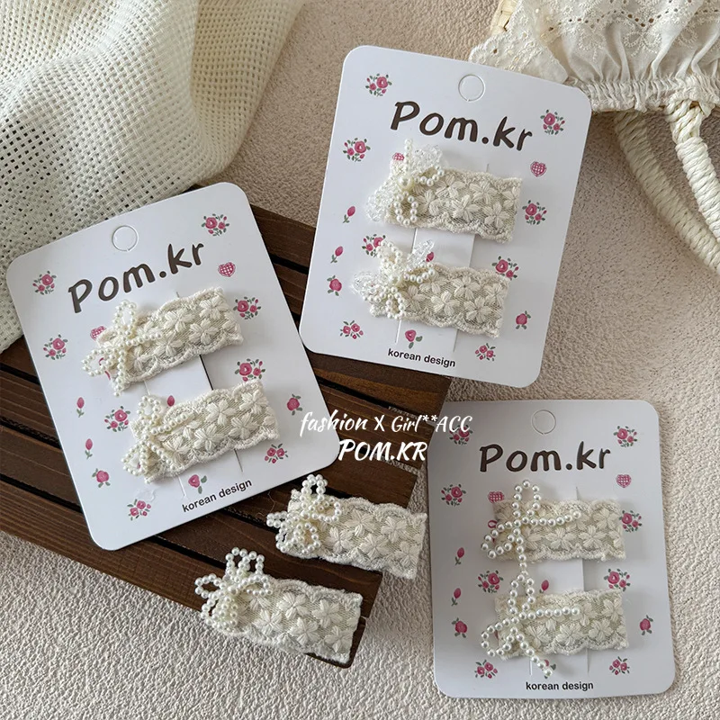 Clip de pelo beige con lazo floral bordado para niña – Pack de 2 - imagen 5