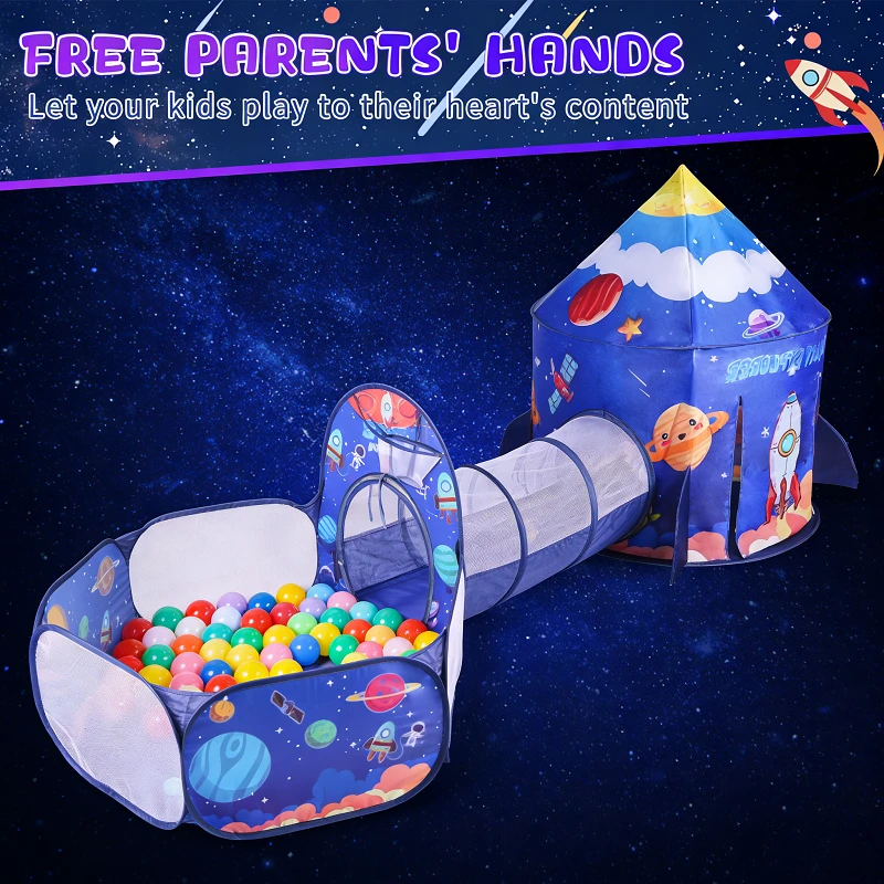 Set de juegos espacial infantil con piscina de bolas y túnel de gateo