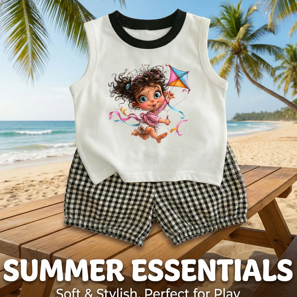 Conjunto de verano niña a cuadros: chaleco y pantalón corto