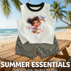 Conjunto de verano niña a cuadros: chaleco y pantalón corto