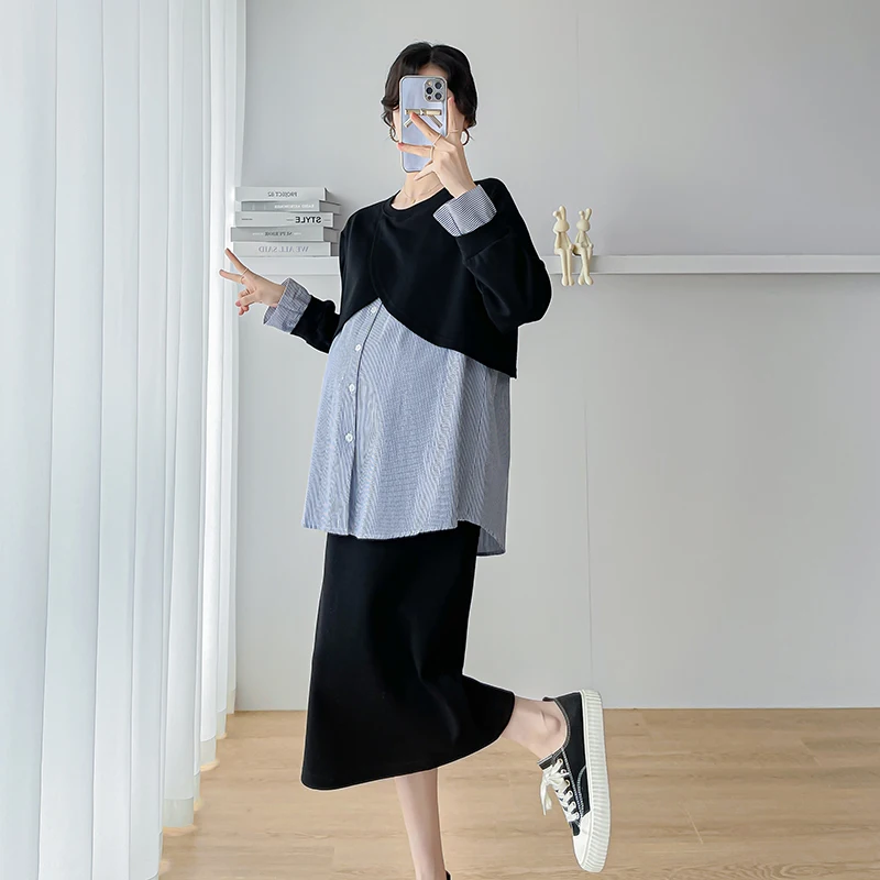 Conjunto premamá sudadera con parches y falda elegante otoño estilo
