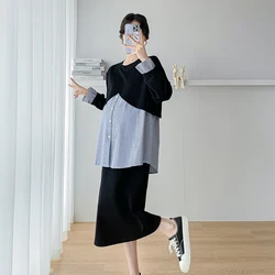 Conjunto premamá sudadera con parches y falda elegante otoño estilo