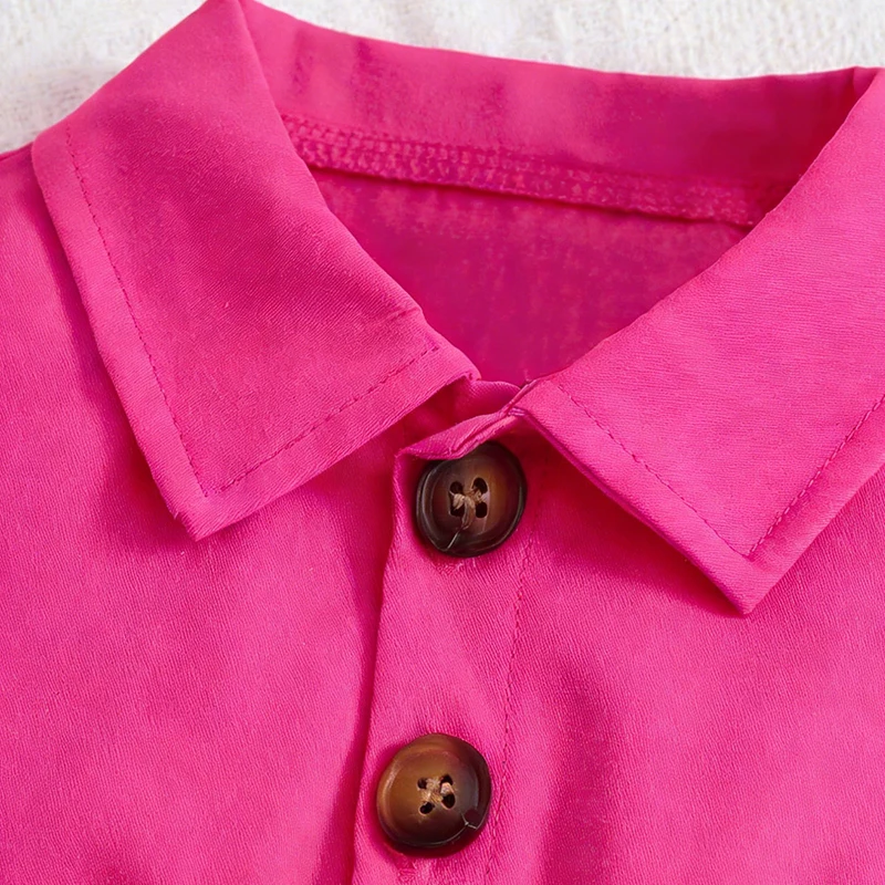 Vestido infantil rojo rosa con cinturón y botones frontales - imagen 4