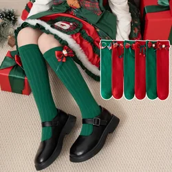 Calcetines hasta la rodilla de algodón con lazo para niñas rojo y verde