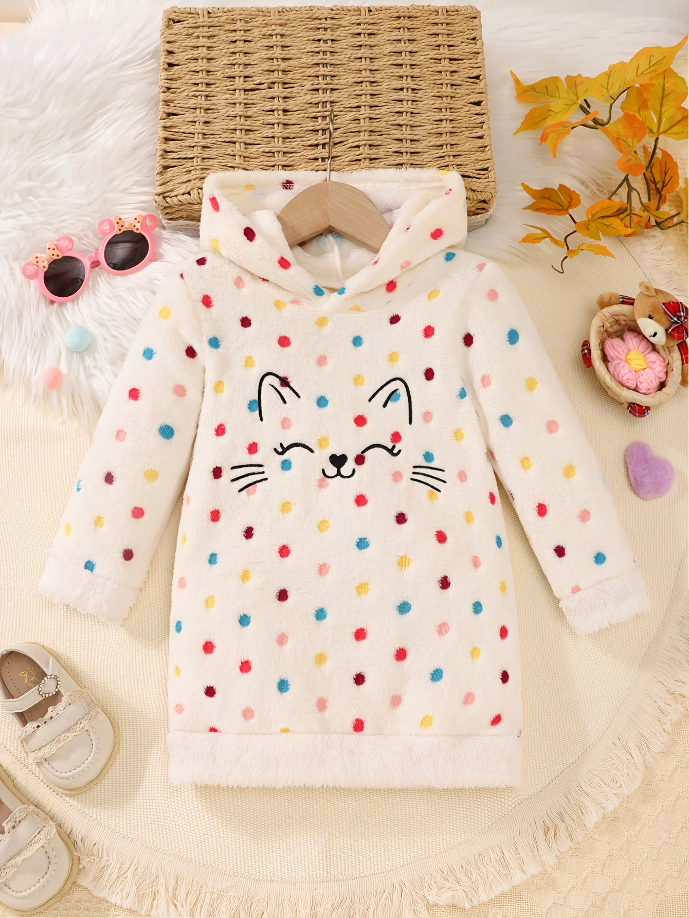 Vestido cálido con capucha para niña en franela lunares - imagen 5