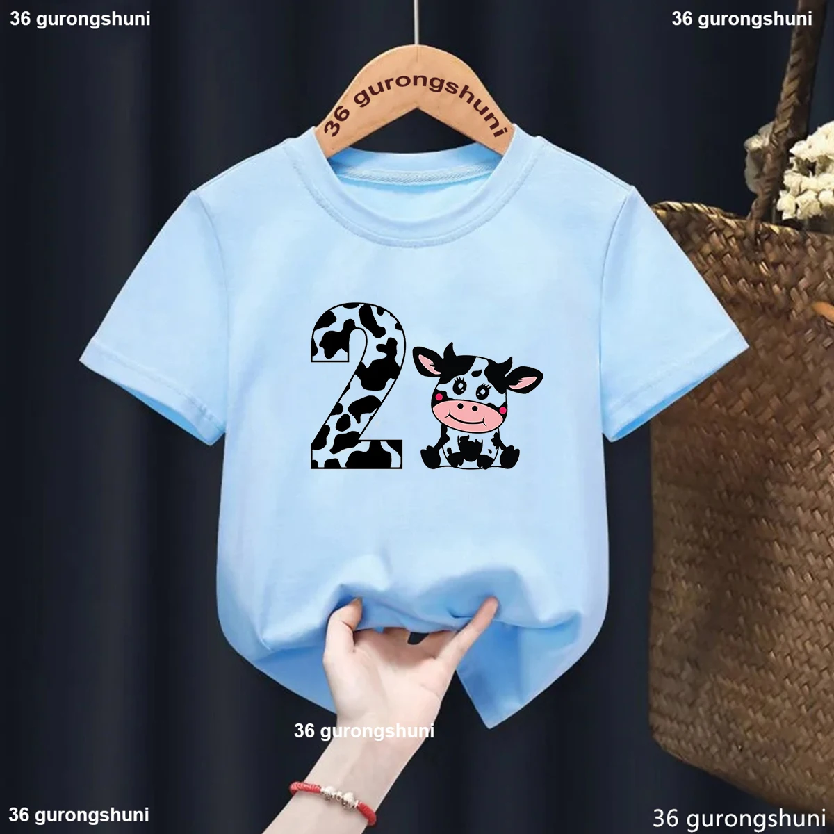 Camiseta Kawaii de vaca para niño y niña – Manga corta azul gris