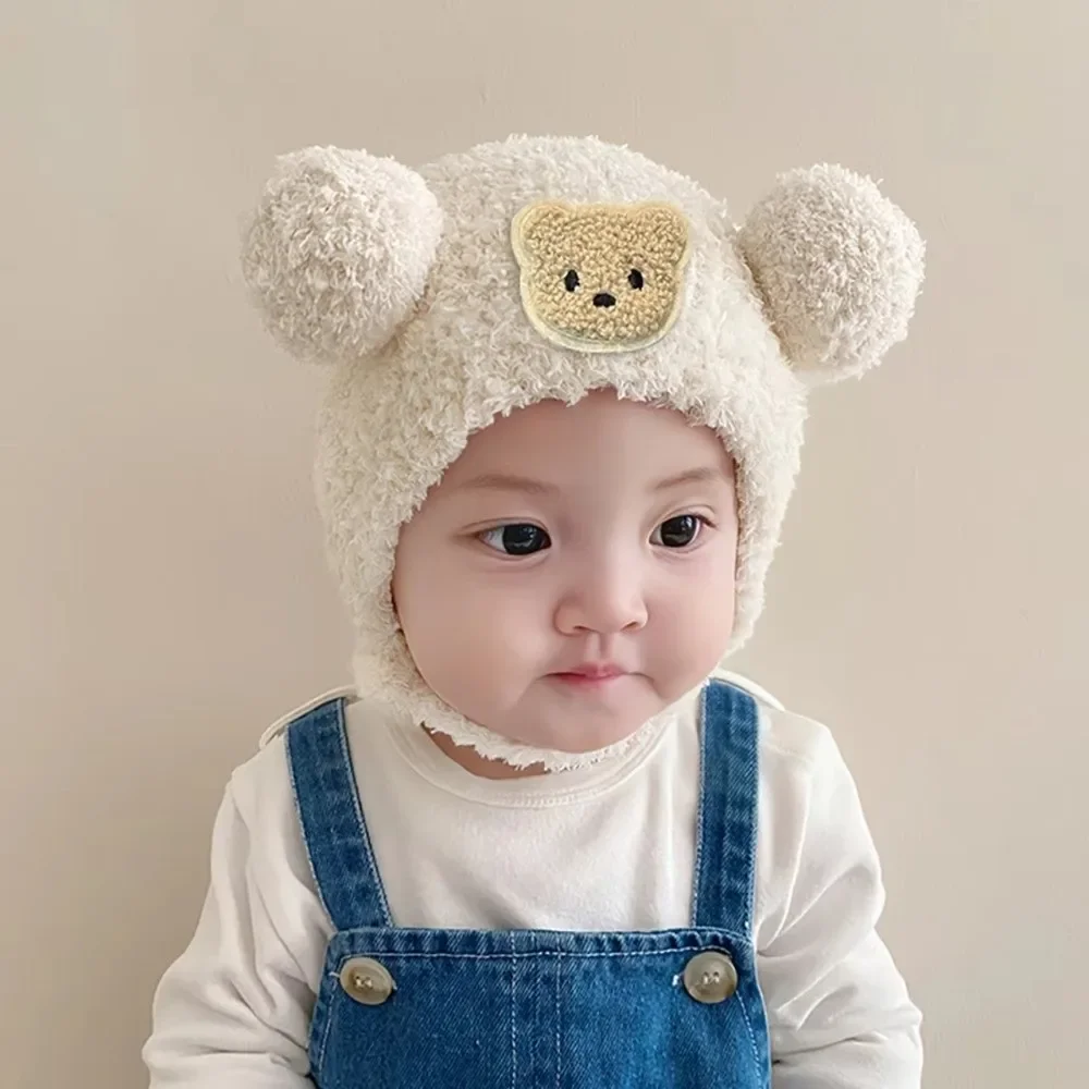 Gorro de punto para bebé con pompón de oso cálido y suave - imagen 2