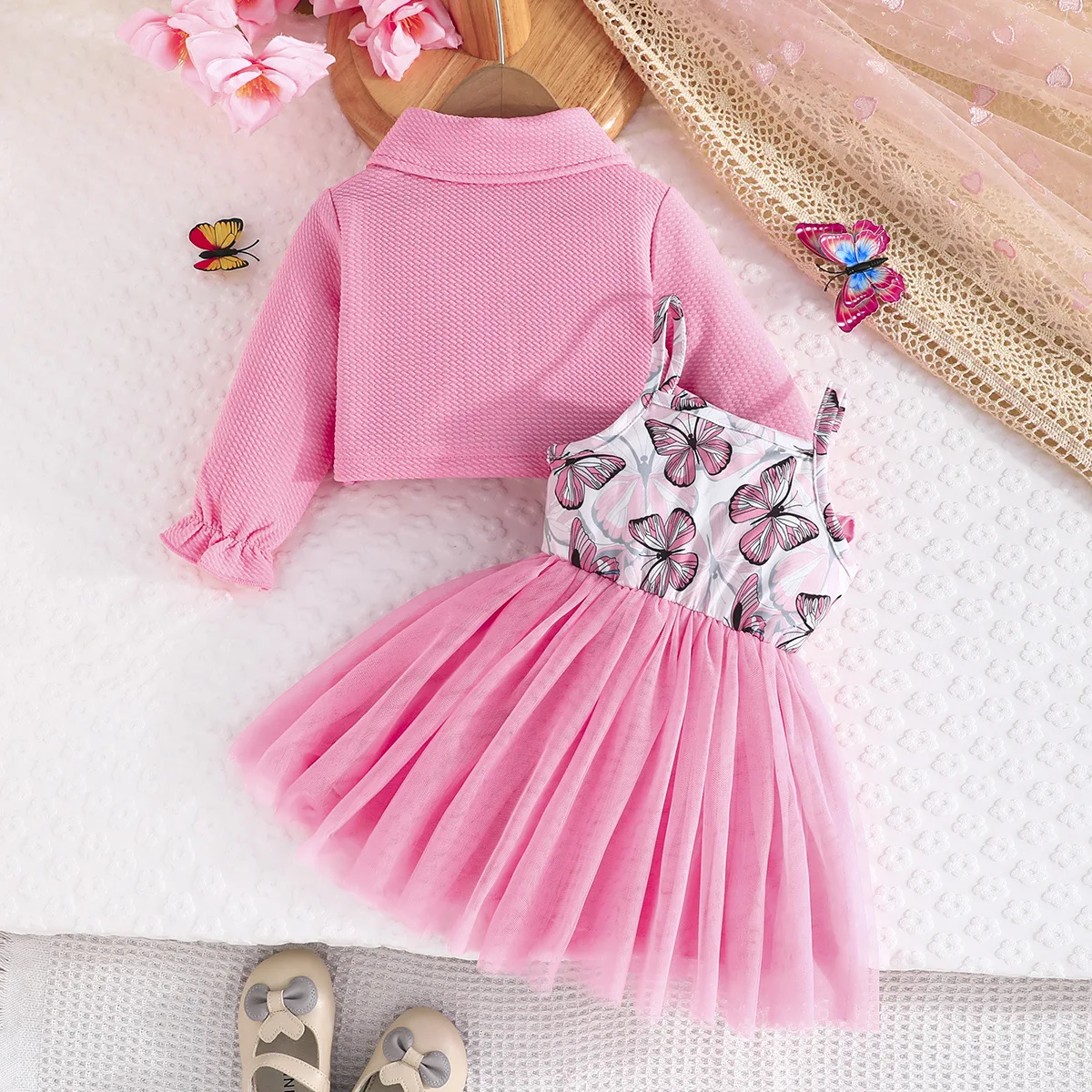 Conjunto bebé primavera: abrigo mariposa + vestido con lazo - imagen 5