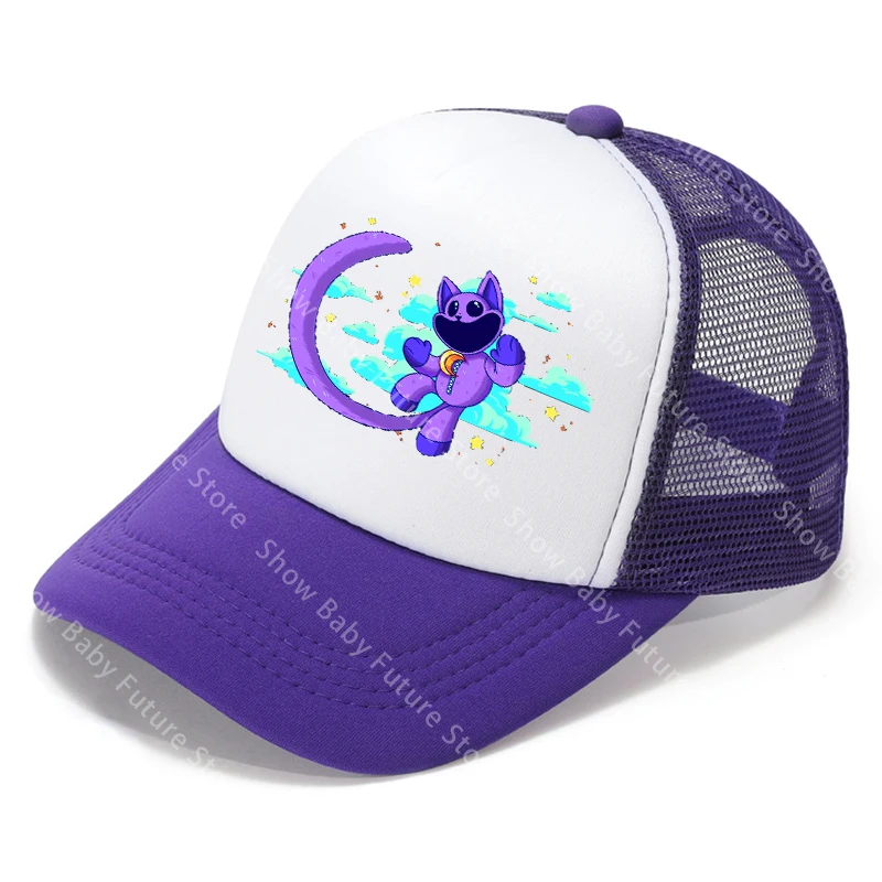 Gorra béisbol morada de malla transpirable con animales sonrientes