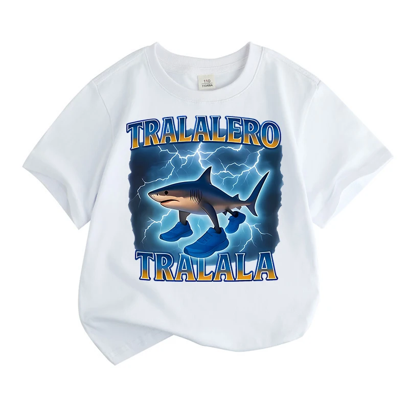Camiseta manga corta con tiburón para niños y niñas, cuello redondo - imagen 2
