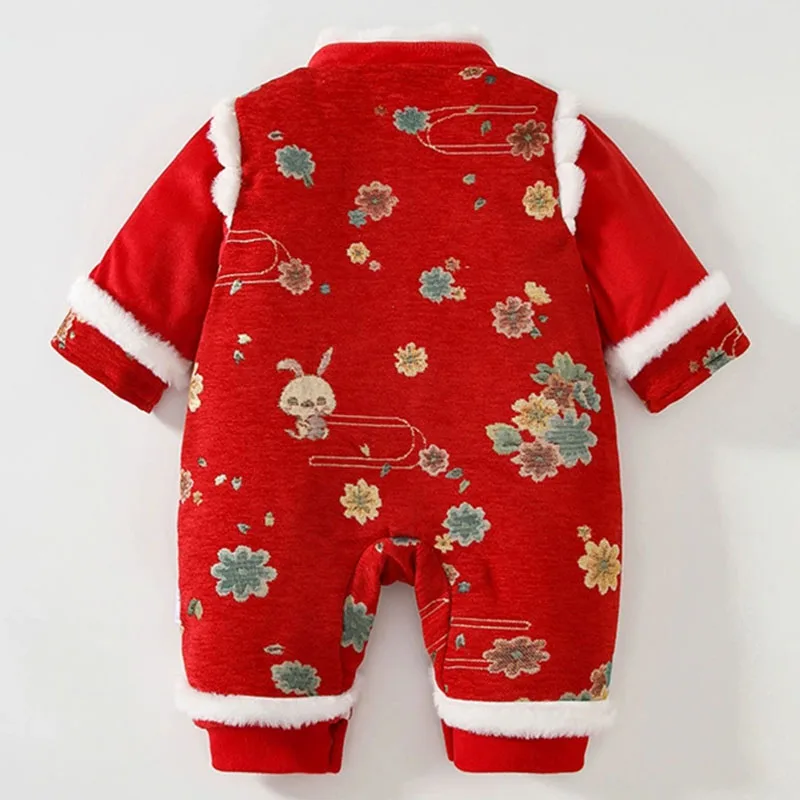 Mono de lana de invierno para niña pequeña rojo cálido con flores - imagen 2