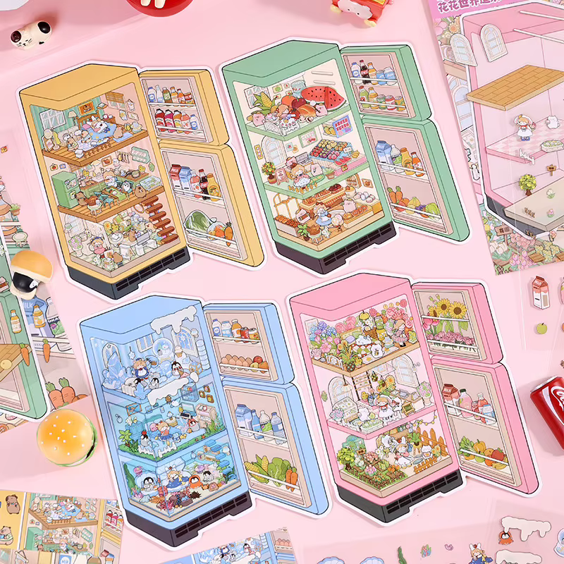 Pegatinas 3D kawaii de verano con paisaje de cabaña para frigorífico - imagen 5