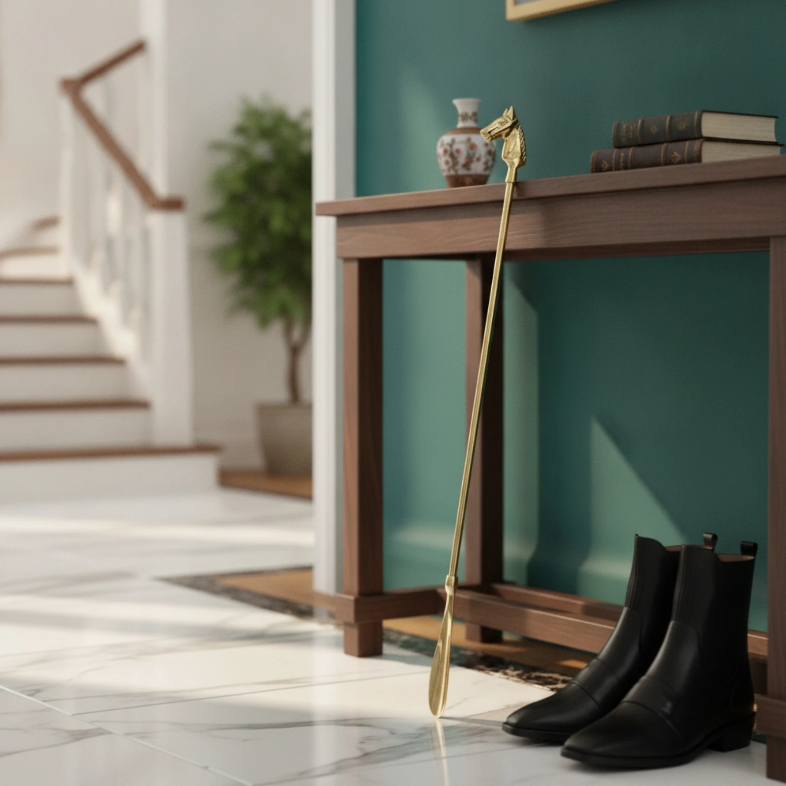 Calzador de latón con cabeza de caballo, mango decorativo - imagen 2