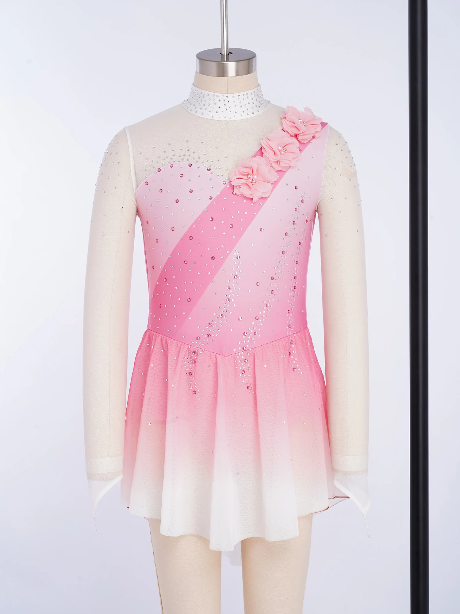 Vestido patinaje artístico para niñas con pedrería y malla floral - imagen 3