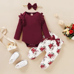 Conjunto bebé pelele manga larga pantalón floral y diadema lazo