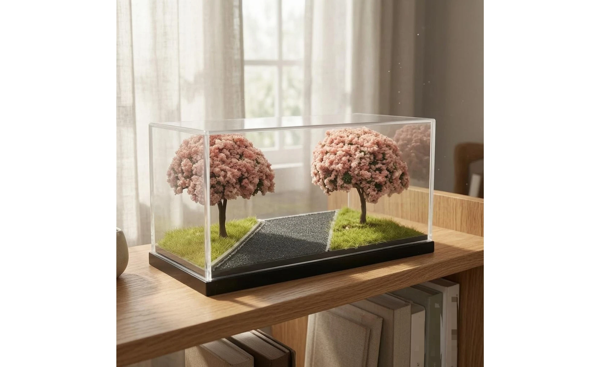 Escena con carretera texturizada y árboles en flor