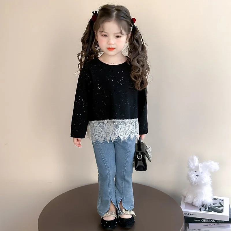Blusa de manga larga de algodón con encaje para niñas de otoño - imagen 3