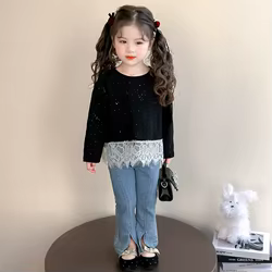 Blusa de manga larga de algodón con encaje para niñas de otoño
