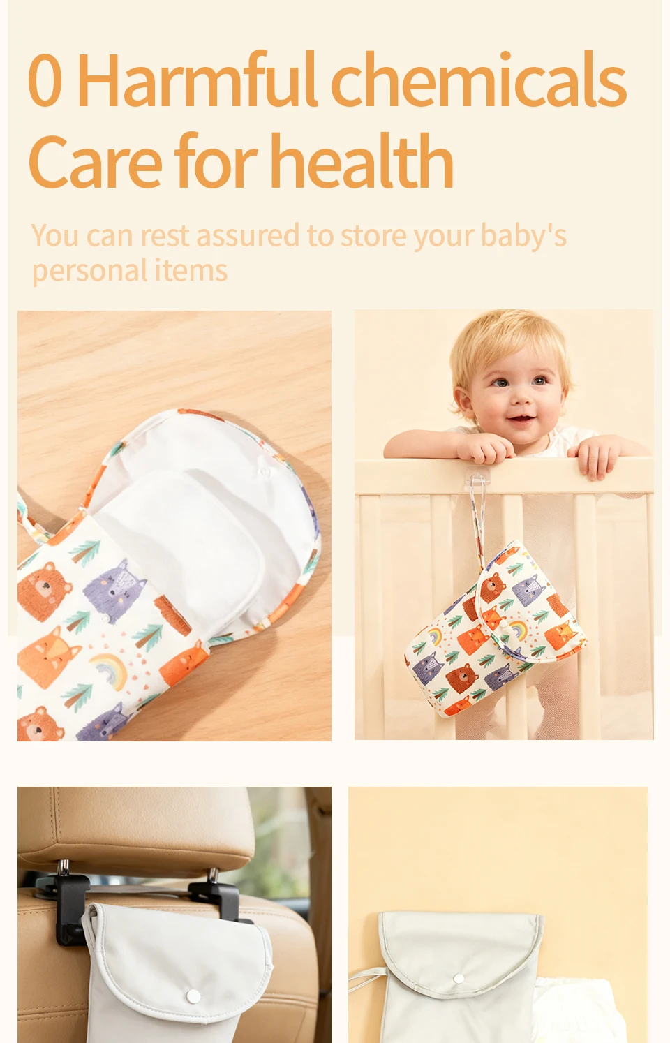 Vista del interior de la bolsa con capacidad para accesorios de bebé
