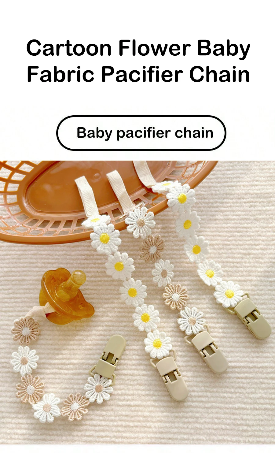 Chupete de bebé con cadena anticaída y accesorios